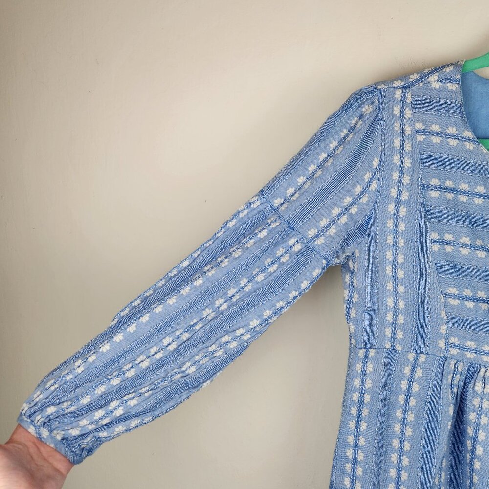 Designers Society Boho Peasant Gauzy Long Sleeve Mini Dress Blue White sz S - Picture 6 of 12